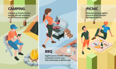 Bbq banners. Outdoor picnic people making barbecue street grill relax and playing eating food vector isometric illustrations. Poster barbecue picnic, meal cooking and recreation