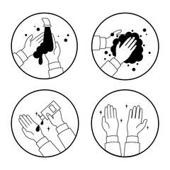 A person disinfects his hands, washes under the tap, puffs an antiseptic, clean hands. Vector illustration on a white isolated background. Icon set. Please wash your hands, sign, icon. Coronavirus