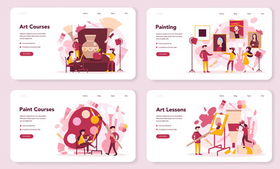 Art education web banner or landing page set. Male and female artist