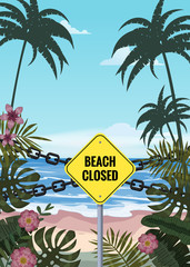 Fototapeta premium Summertime on the beach. Palms and plants around.Cartoon vector illustration. Summer vacation on sea coast