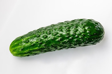 one green cucumber on a white background macro shot