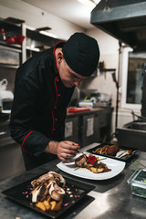 Professional chef arranging food plate with meat and vegetables.