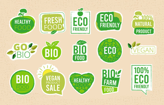 Vegetarian labels. Eco healthy fresh food tags natural products badges organic symbols vector stamps collection. Eco badge, bio quality sale illustration