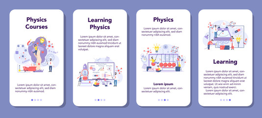 Physics school subject mobile application banner set. Scientist explore