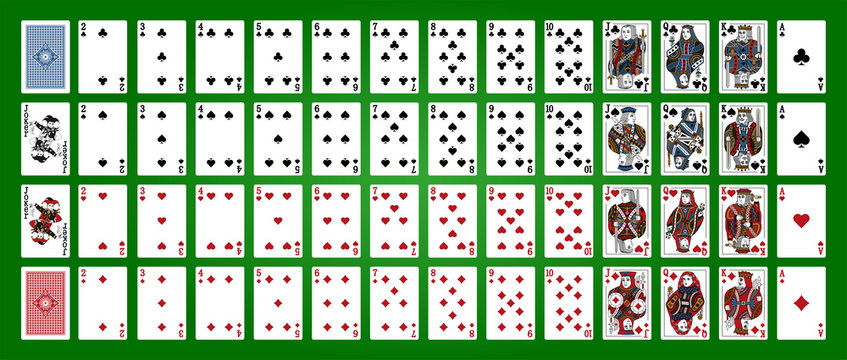 Poker set with isolated cards on green background. Poker playing cards, full deck.