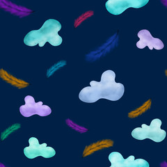 seamless pattern with multicolored clouds and feathers on dark blue background. Travel, kids, movement, stationery, passport print. Packaging, wallpaper, textile, fabric design