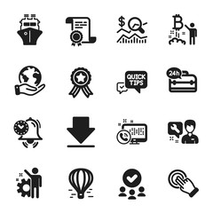 Set of Technology icons, such as Touchscreen gesture, 24h service. Certificate, approved group, save planet. Air balloon, Web call, Bitcoin project. Quick tips, Downloading, Time management. Vector