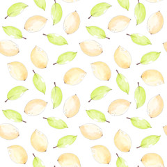 Lemons with green leaves seamless pattern on white.
