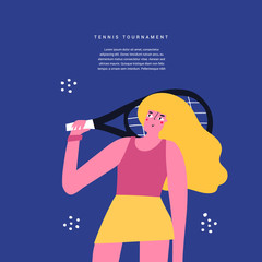 Tennis sports contest flat vector banner template. Tournament announcement, poster design idea. Young woman with racquet, female tennis player with sports equipment cartoon character