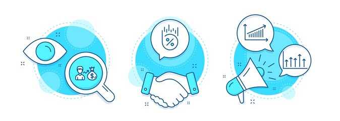 Chart, Loan percent and Growth chart line icons set. Handshake deal, research and promotion complex icons. Sallary sign. Discount, Upper arrows, Person earnings. Finance set. Vector