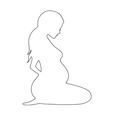Vector silhouette of a pregnant woman. Beautiful slender girl expecting a baby. Outline figure of a seated pregnant woman Isolated on a white background. Happy Character with long hair and eyelashes
