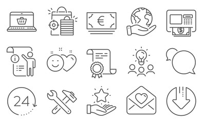 Set of Business icons, such as 24 hours, Smile. Diploma, ideas, save planet. Download arrow, Manual doc, Atm. Online shopping, Seo shopping, Loyalty program. Vector