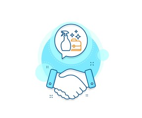 Washing liquid or Cleanser symbol. Handshake deal complex icon. Cleaning spray line icon. Housekeeping service sign. Agreement shaking hands banner. Cleanser spray sign. Vector