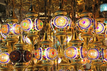 Beautiful decorative oriental lamps common in the Middle East for the Islamic celebration of Ramadan, Eid Al Fitr and Eid Al Adha festivals.