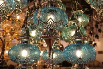 Beautiful decorative oriental lamps common in the Middle East for the Islamic celebration of Ramadan, Eid Al Fitr and Eid Al Adha festivals.