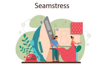 Seamstress or tailor concept. Professional master sewing clothes.