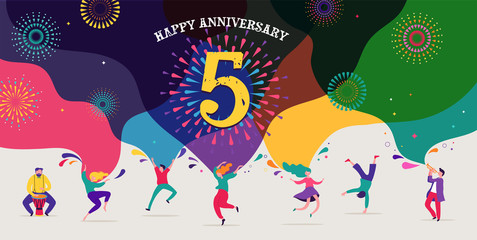 Anniversary celebration. Happy people dancing, playing music, celebrating. Vector illustration, banner, poster