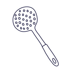 Skimmer slotted spoon in doodle style. Kitchen tool. Hand drawn vector illustration in black ink isolated on white background. 