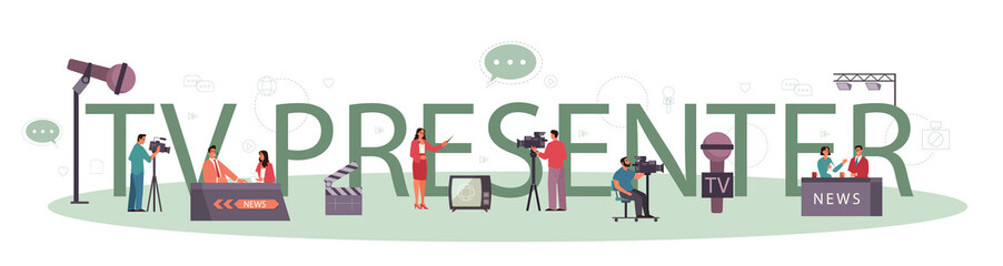 TV presenter typographic header concept. Television host in studio.