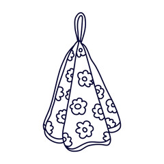 Hand towel decorated with camomile flowers n doodle style. Hand drawn vector illustration in black ink isolated on white background. 