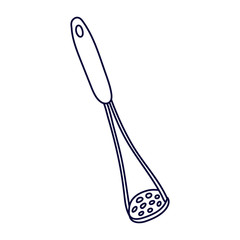 Pestle with holes for mashed potato in doodle style. Hand drawn vector illustration in black ink isolated on white background. 
