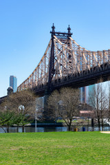 Queensboro Bridge seen from an Empty Grass Field along the East River on Roosevelt Island during Spring in New York City