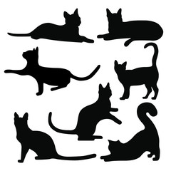 Vector cats in different poses. Cat, kitten sleeps, walks, asks. A pet. Cat silhouette.