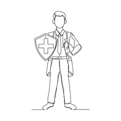 Continuous line drawing of man doctor with protective shield to protect from virus and disease. Vector illustration.