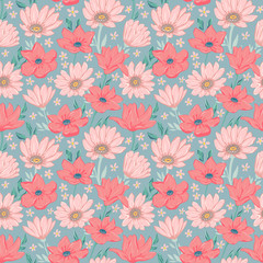 Flowers seamless pattern. Tile vector illustration of endless petals and flowers.