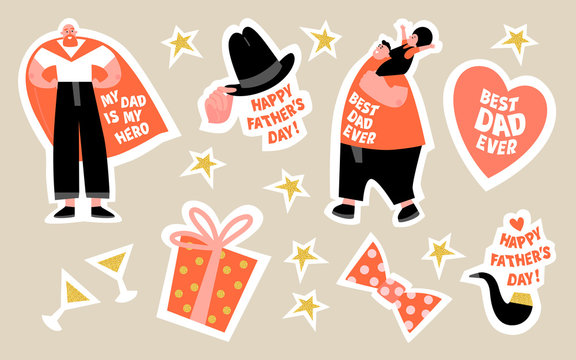 A set of stickers for Father's Day with funny cartoon characters of dad superheroes, hat, smoking pipe and other men's accessories