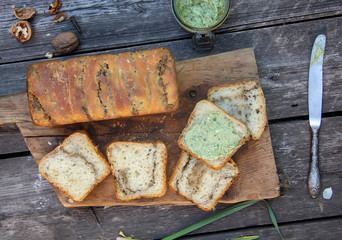 delicious homemade bread with garlic pesto sauce
