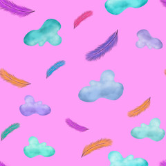 seamless pattern with colorful feathers and clouds on pink background. Print, packaging, bedclothing, textile, fabric design. 