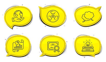 Speech bubble sign. Diploma certificate, save planet chat bubbles. Chemical hazard, Typewriter and Report document line icons set. Toxic, Inspiration, Growth chart. Chat message. Education set. Vector