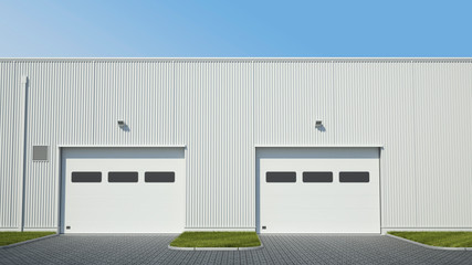 Exterior view of warehouse building with two industrial gate - 3d illustration