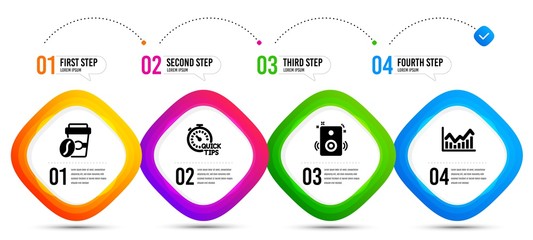 Quick tips, Takeaway coffee and Speakers icons simple set. Timeline infographic. Infochart sign. Helpful tricks, Roasted bean, Sound. Stock exchange. Business set. Vector