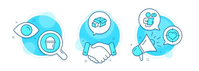 Heart target, Customer survey and Packing boxes line icons set. Handshake deal, research and promotion complex icons. Bucket sign. Love aim, Contract, Delivery package. Washing equipment. Vector
