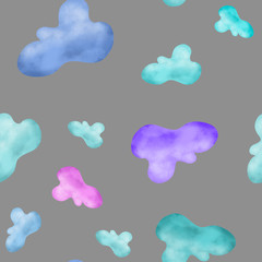 Fototapeta na wymiar Colorful clouds on grey background. Seamless pattern. Kids design. Packaging, wallpaper, textile, stationery, fabric print. 