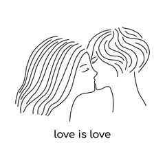 women s love, vector collection of lesbian couples. two girls kissing. the phrase love is love. vector illustration with lines. hand-drawn. isolated on a white background. for logos, stickers, posters