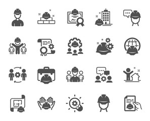 Engineering icons. Teamwork, People and Technical documentation. Blueprint with gear, engineer and construction helmet set icons. Technician, industrial people, engineering process. Vector