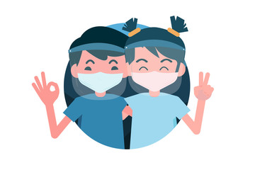 2 children united to wear a mask a Face shield pair with a surgical mask.New normal to clothing to protect Coronavirus infection.