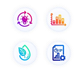 Diagram graph, Organic product and Idea icons simple set. Button with halftone dots. Report sign. Presentation chart, Leaf, Lightbulb. Presentation document. Science set. Vector