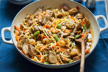 Singapore noodles - stir-fry of pork and prawns, flavoured with teriyaki & madras
