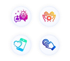 Idea, Heart and Employee hand icons simple set. Button with halftone dots. Touchscreen gesture sign. Solution, Love call, Work gear. Click hand. People set. Gradient flat idea icon. Vector