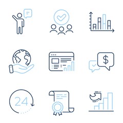 Growth chart, Diagram graph and Web report line icons set. Diploma certificate, save planet, group of people. Agent, 24 hours and Payment received signs. Vector