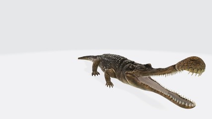 Naklejka premium 3d illustration of sarcosuchus. Sarcosuchus Reptile - Sarcosuchus is an extinct genus of carnivorous crocodile that lived in the Cretaceous Period of Africa.