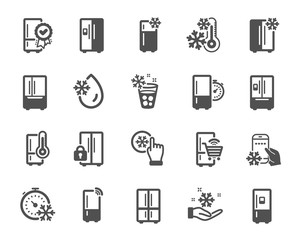 Fridge icons. Refrigerator, freezer storage, smart fridge machine. Water with ice, cooler box, thermometer icons. Wi-fi remote access, thermostat timer, smart freezer. Quality design element. Vector
