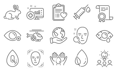 Set of Healthcare icons, such as Wash hands, Animal tested. Diploma, ideas, save planet. Leaf dew, No alcohol, Ð¡onjunctivitis eye. Face search, Patient history, Farsightedness. Vector