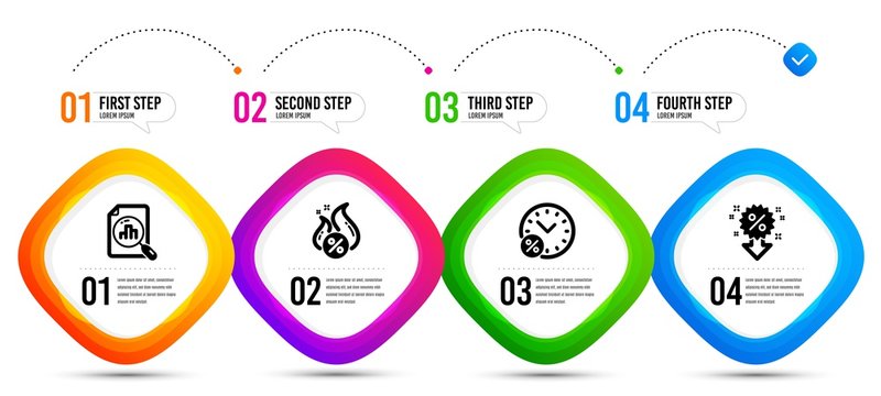 Analytics graph, Discount and Hot loan icons simple set. Timeline infographic. Loan percent sign. Chart report, Sale shopping, Discount offer. Finance set. Vector