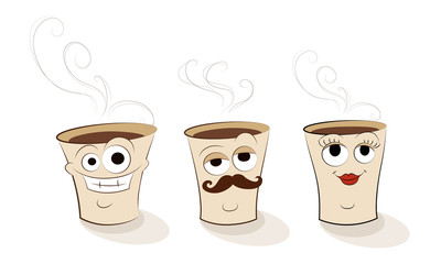 Set of hand-drawn funny coffee cups with different emotions. Choose your emotion set. Isolated.