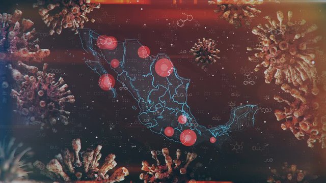 Motion graphics map of Mexico with the localization and spread of the epidemic across the country. Suitable for mapping outbreaks of diseases, epidemics, the spread of crisis situations and emergency.